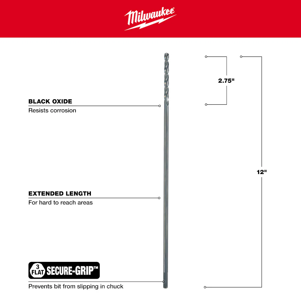 Milwaukee 1/4" x 12" Aircraft Length Black Oxide Drill Bit - Image 3