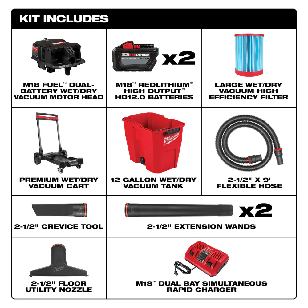 Milwaukee M18 FUEL™ 12 Gallon Dual-Battery Wet/Dry Vacuum Kit - Image 2