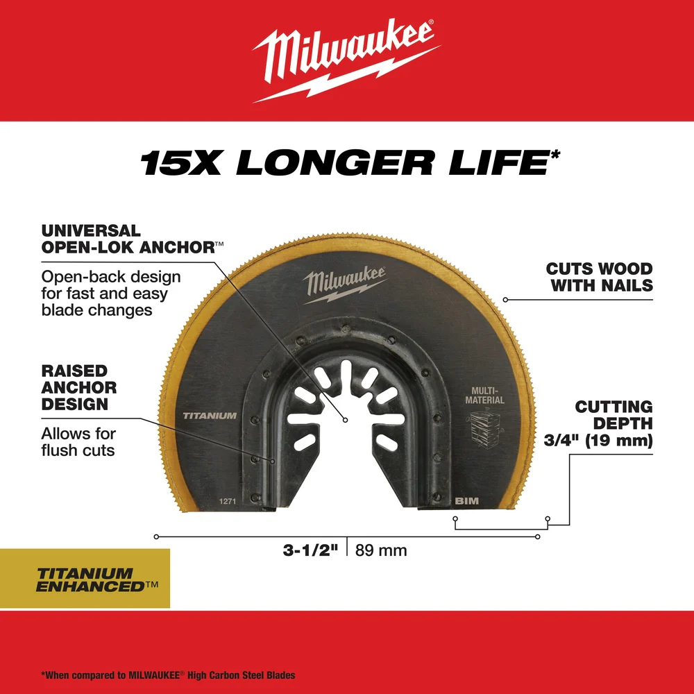 Milwaukee OPEN-LOK™ 3-1/2" TITANIUM ENHANCED™ Bi-Metal Multi-Material Segmented Multi-Tool Blade - Image 3
