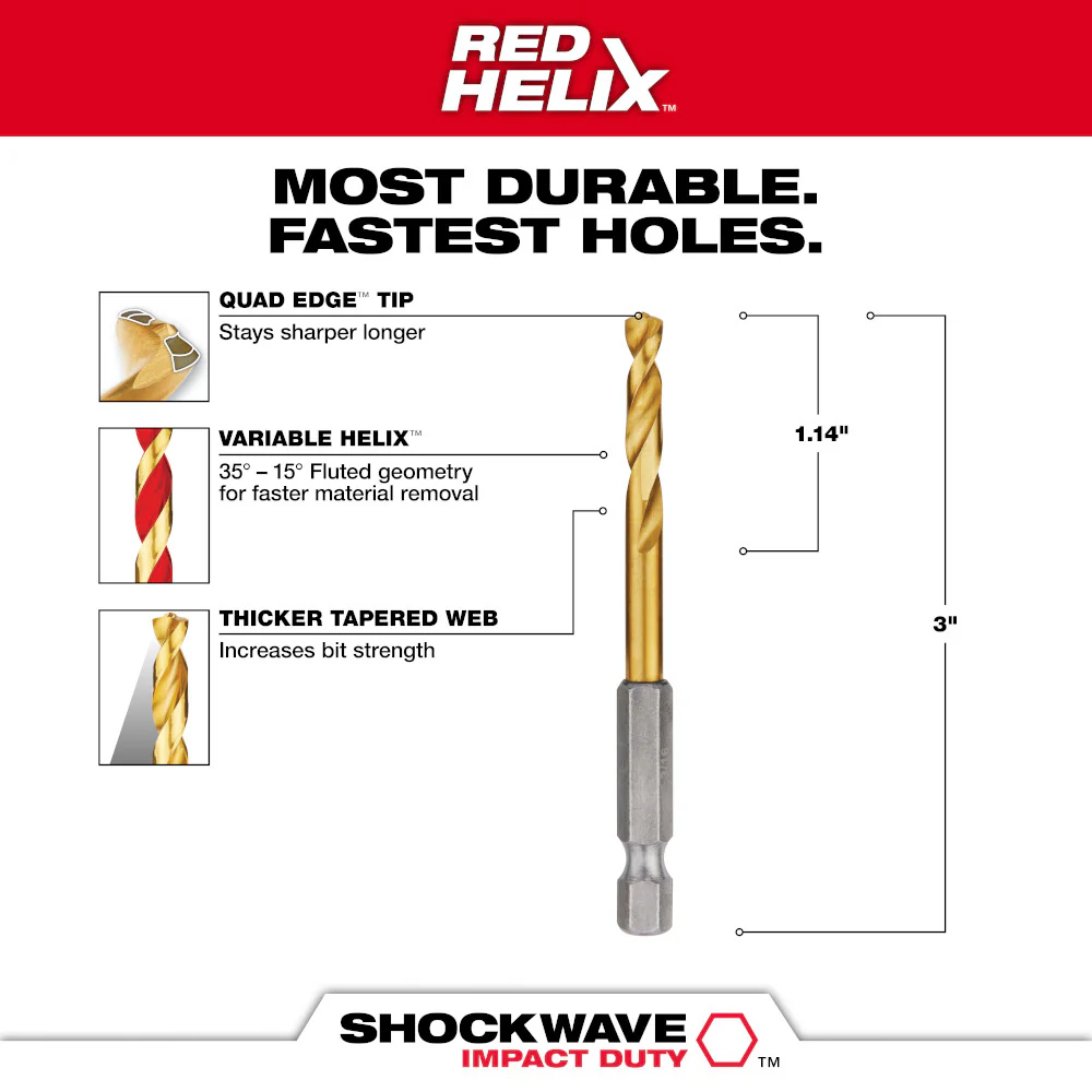 Milwaukee 3/16" SHOCKWAVE™ Impact Duty RED HELIX™ Titanium Drill Bit - Image 3