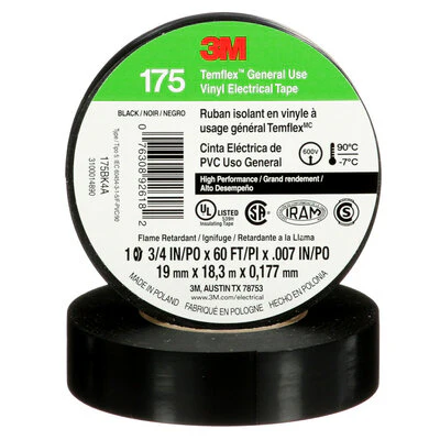 3M Temflex General Use Vinyl Electrical Tape, Black, 3/4in x 60ft, Model 175BK4A
