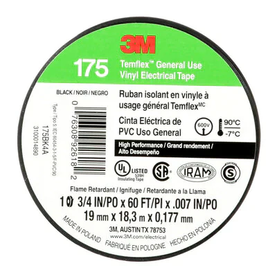 3M Temflex General Use Vinyl Electrical Tape, Black, 3/4in x 60ft, Model 175BK4A - Image 2
