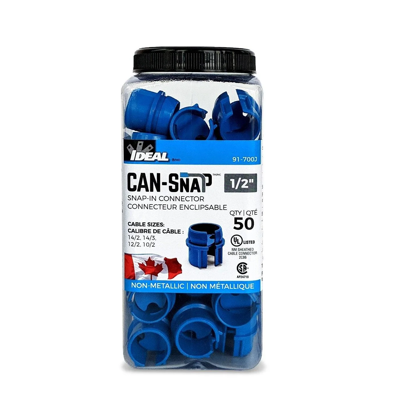 IDEAL Can-Snap Non-Metallic Snap-in Connectors 1/2" Fitting (Jar of 50), Model 91-700J - Image 2