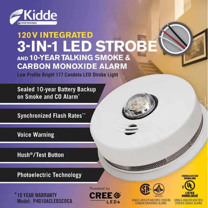 Kidde 3-in-1 Combination Smoke & Carbon Monoxide Alarm with LED Strobe Light, 120V with Backup Battery, Model P4010ACLEDSCOCA - Image 3