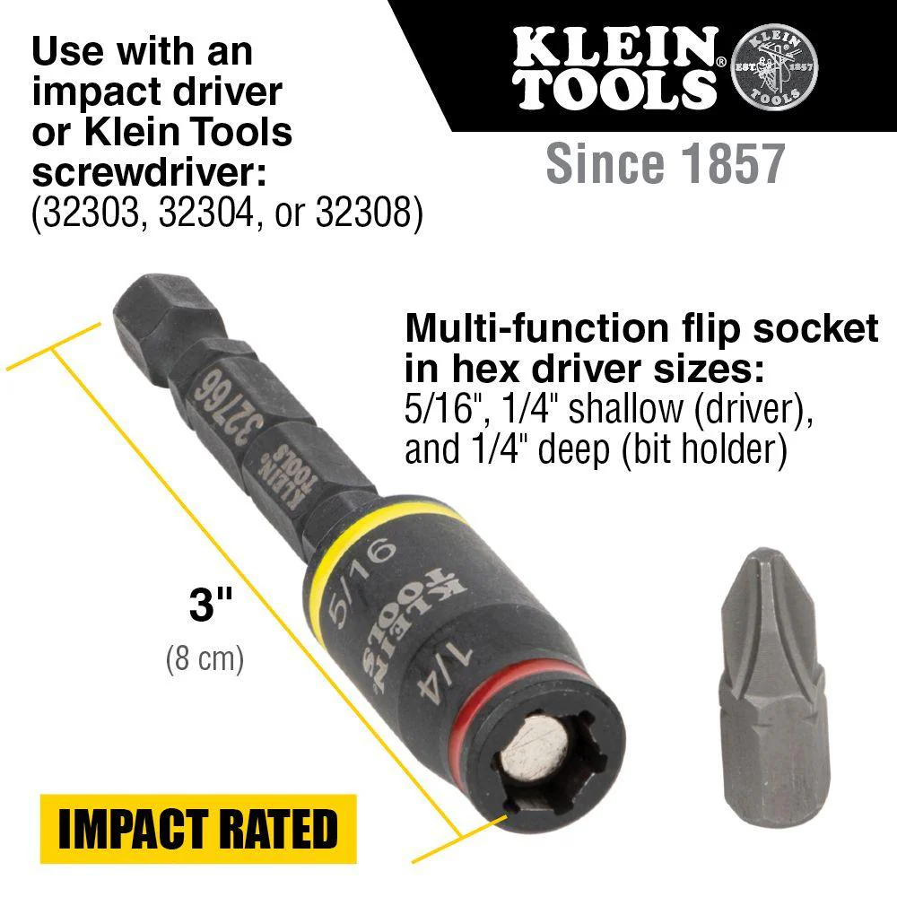 Klein Tools 3-in-1 Impact Flip Socket, 3" Length, Model 32766 - Image 2