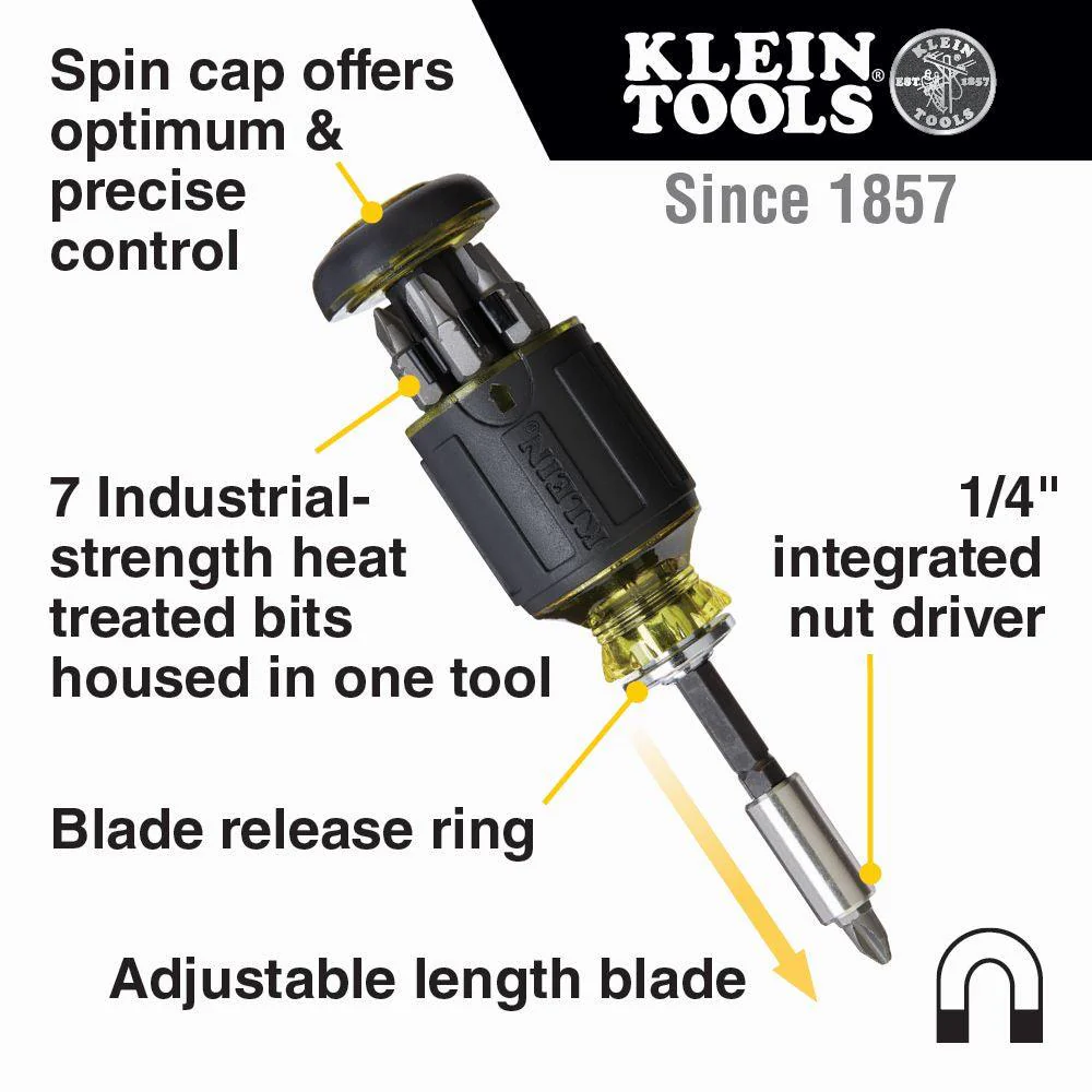 Klein Tools 8-in-1 Multi-Bit Adjustable Length Stubby Screwdriver, Model 32308 - Image 2
