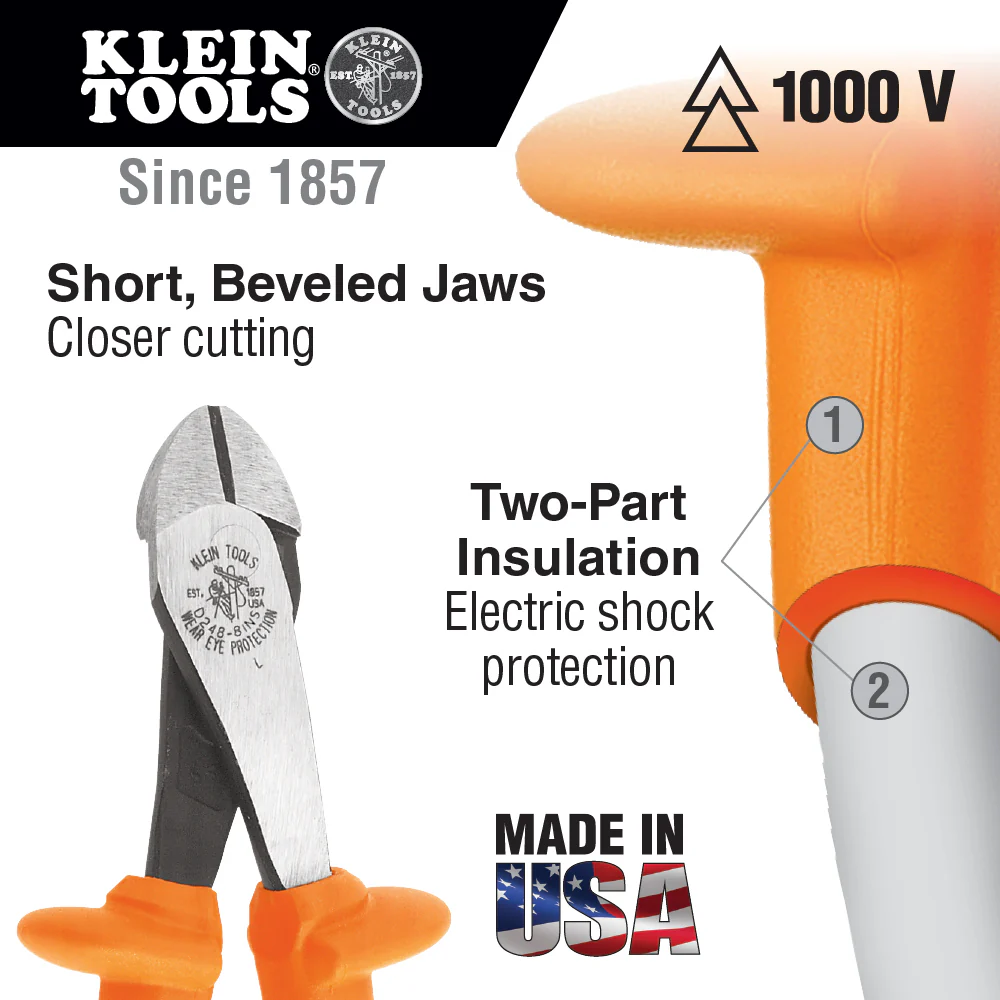 Klein Tools Diagonal Cutting Pliers, Insulated, Heavy-Duty, Angled Head, 8-Inch, Model D2000-48-INS* - Image 2