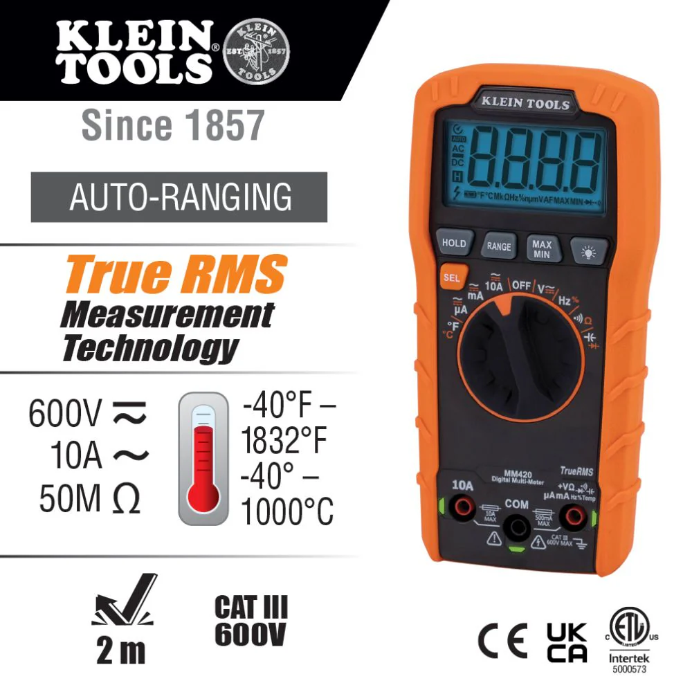Klein Tools Digital Multimeter, TRMS Auto-Ranging, 600V, Temp, Model MM420 - Image 2