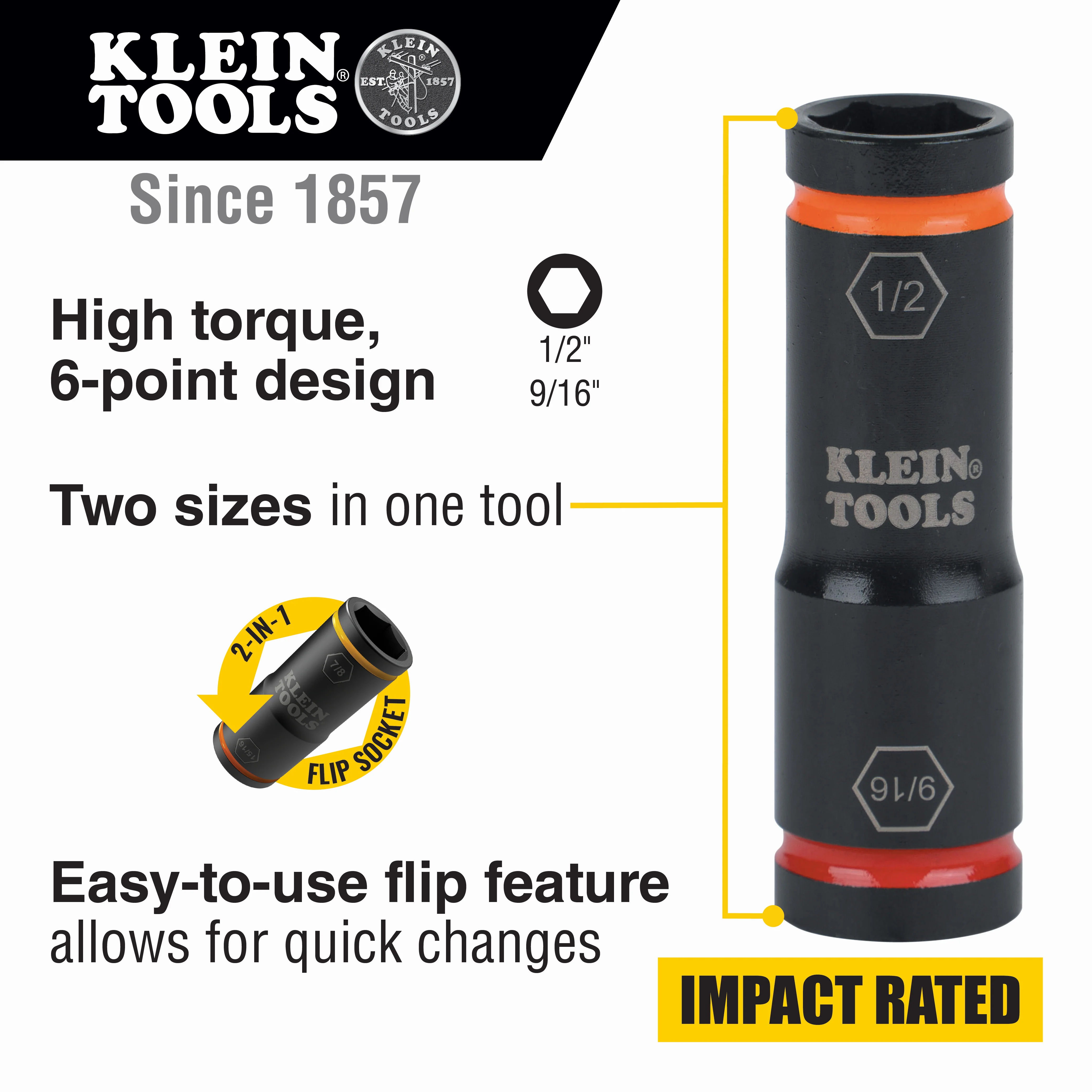 Klein Tools Flip Impact Socket, 9/16 and 1/2-Inch, Model 66076* - Image 2