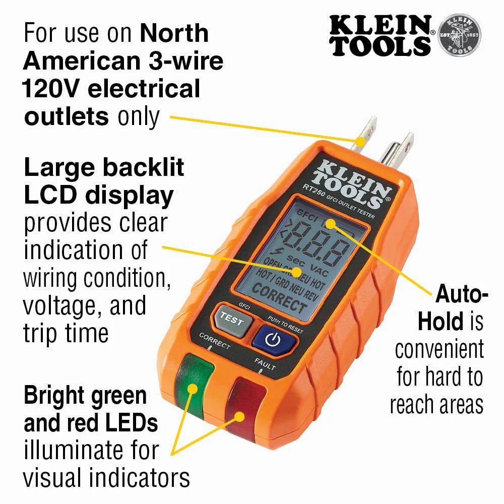 Klein Tools GFCI Receptacle Tester with LCD, Model RT250 - Image 2