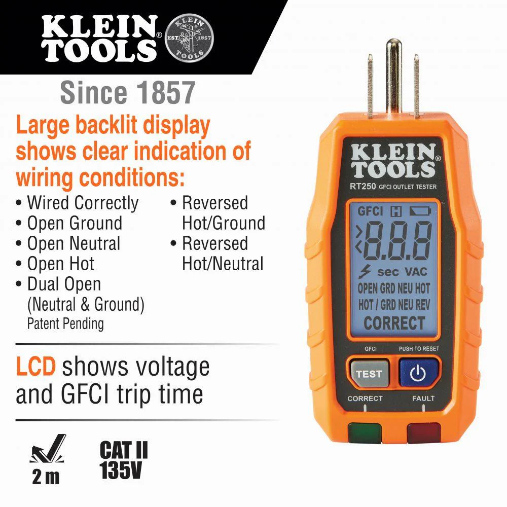 Klein Tools GFCI Receptacle Tester with LCD, Model RT250 - Image 3