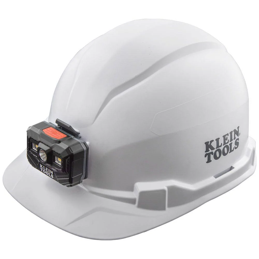 Klein Tools Hard Hat, Non-Vented, Cap Style with Rechargeable Headlamp, White, Model 60107RL