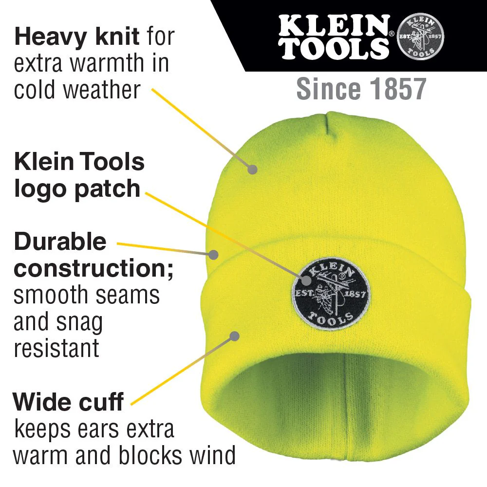 Klein Tools Heavy Knit Hat, High-Visibility Yellow, Patch Logo, Model 60568 - Image 2