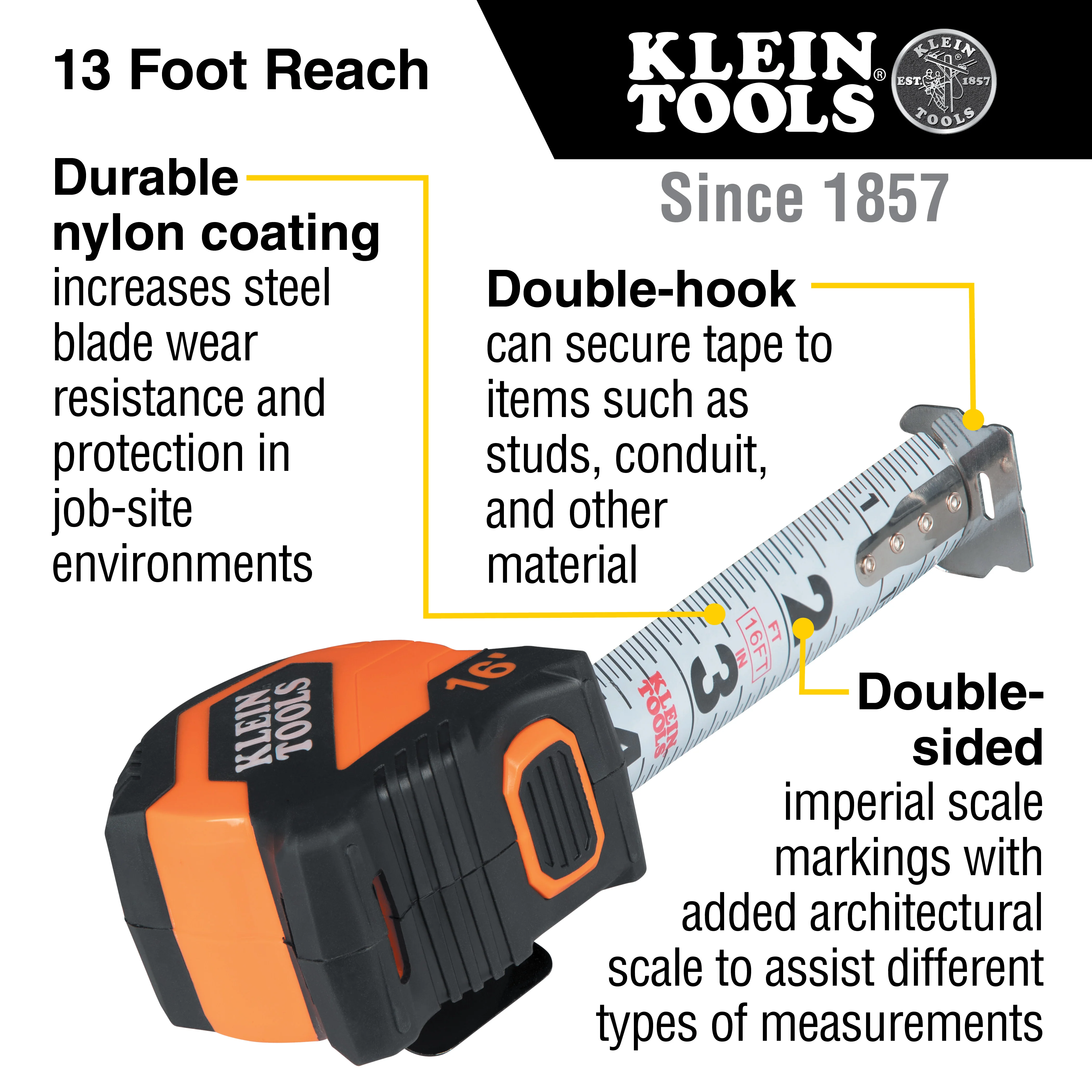 Klein Tools Imperial Tape Measure, 16-Foot Compact, Double Hook, Model 9516* - Image 2
