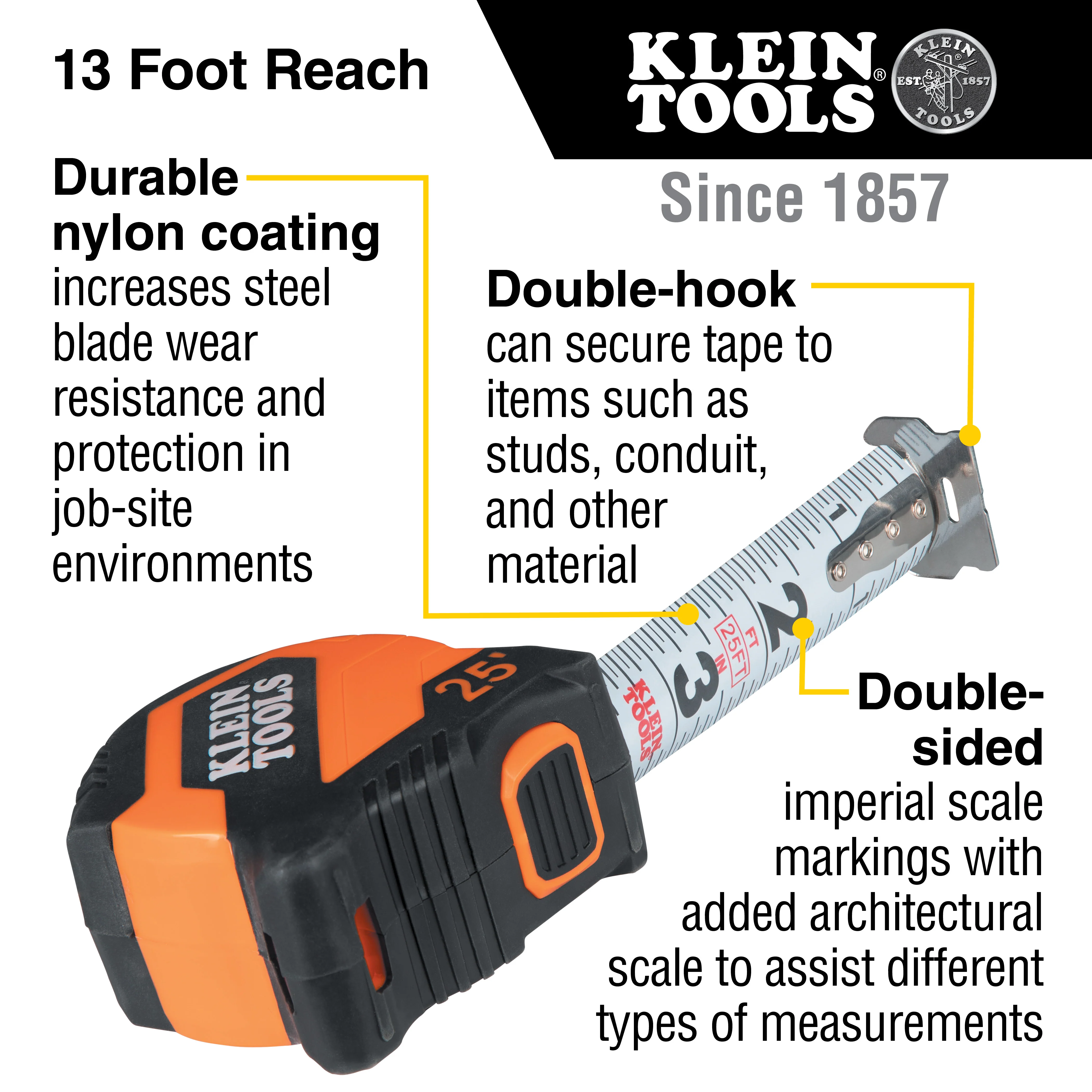 Klein Tools Imperial Tape Measure, 25-Foot Compact, Double-Hook, Model 9525* - Image 2