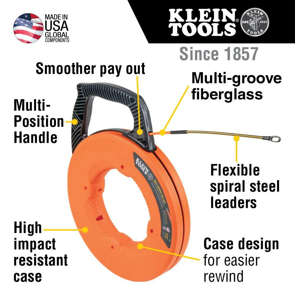 Klein Tools Multi-Groove Fiberglass Fish Tape with Spiral Steel Leader, 100-Foot, Model 56380* - Image 2