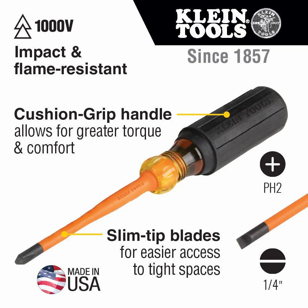Klein Tools Screwdriver Set, Slim-Tip Insulated Phillips and Cabinet Tips, 2-Piece, Model 33732INS* - Image 2