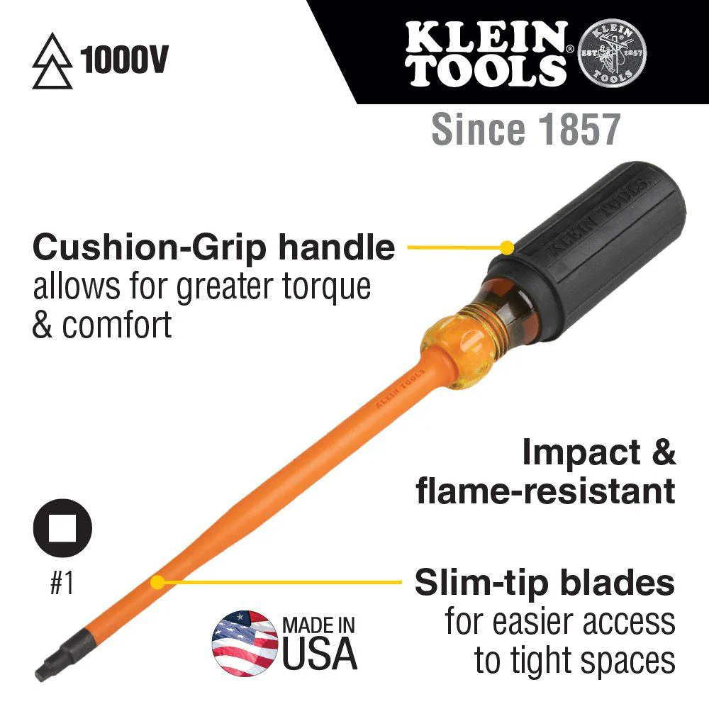 Klein Tools Slim-Tip 1000V Insulated Driver, #1 Square, 6" Shank, Model 6986INS - Image 2