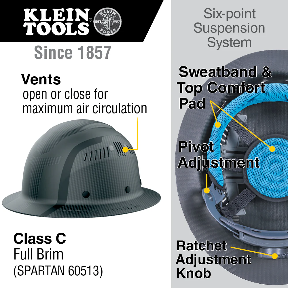 Klein Tools SPARTAN Carbon Fiber Vented Full Brim Hard Hat, Class C, Model 60513 - Image 2