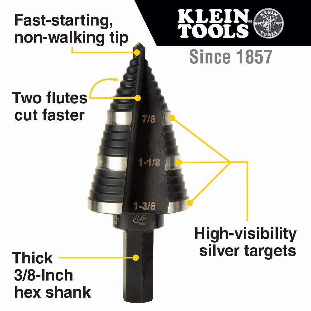 Klein Tools Step Drill Bit #15 Double Fluted 7/8 to 1-3/8-Inch, Model KTSB15* - Image 2