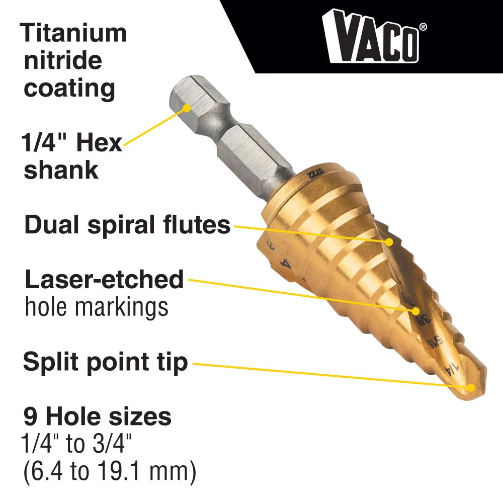 Klein Tools Step Drill Bit, Spiral Double-Fluted, 1/4 Inch to 3/4 Inch, VACO, Model 25963* - Image 2