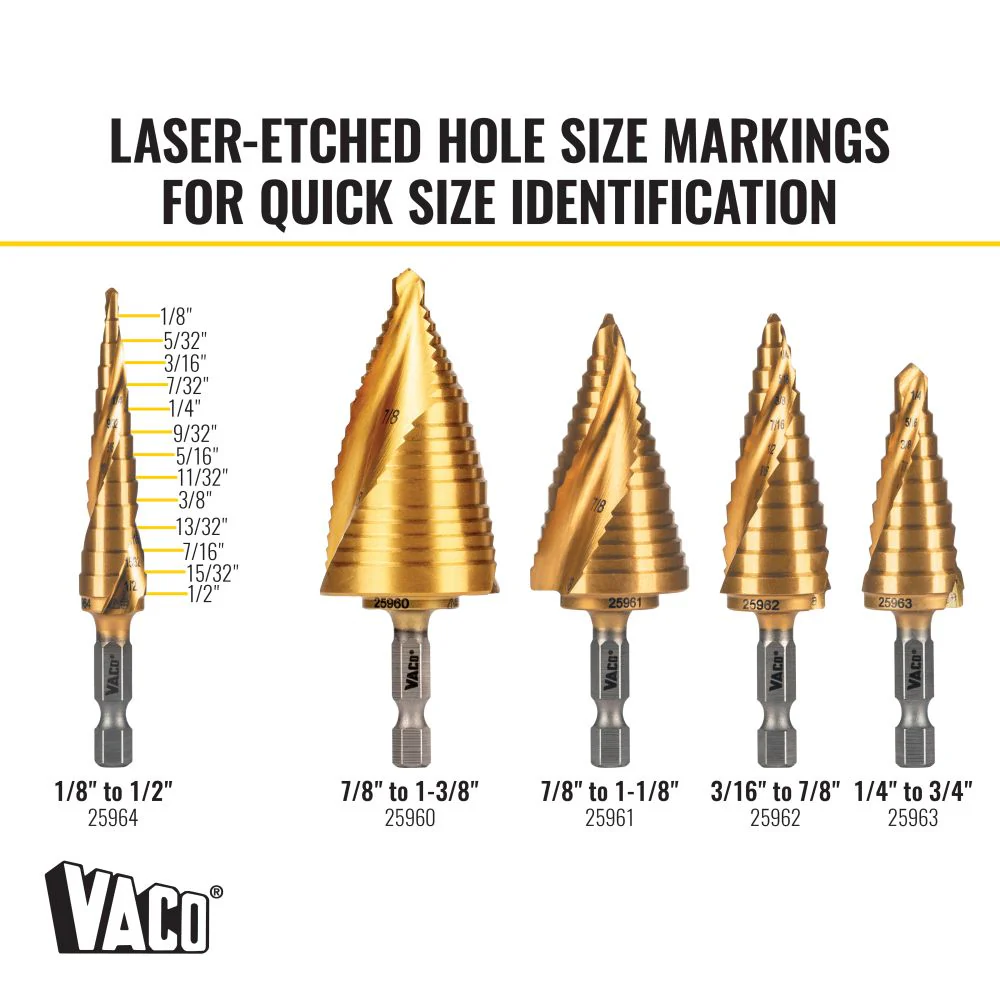 Klein Tools Step Drill Bit, Spiral Double-Fluted, 1/8 Inch to 1/2 Inch, VACO, Model 25964* - Image 6