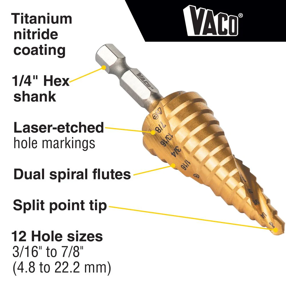 Klein Tools Step Drill Bit, Spiral Double-Fluted, 3/16 Inch to 7/8 Inch, VACO, Model 25962* - Image 2