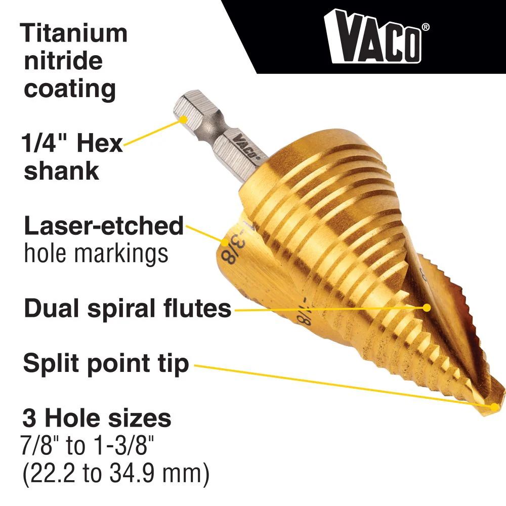 Klein Tools Step Drill Bit, Spiral Double-Fluted, 7/8 Inch to 1-3/8 Inch, VACO, Model 25960* - Image 2