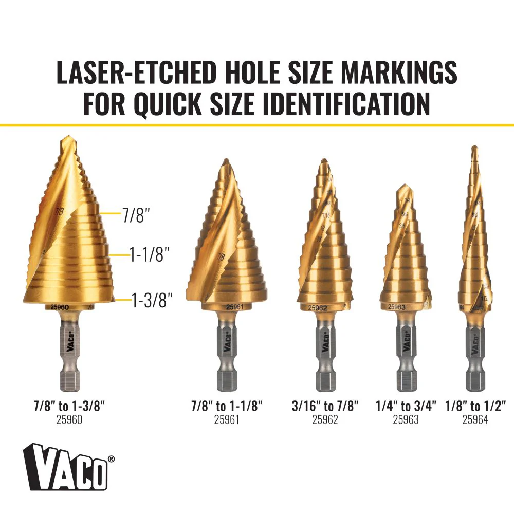 Klein Tools Step Drill Bit, Spiral Double-Fluted, 7/8 Inch to 1-3/8 Inch, VACO, Model 25960* - Image 6