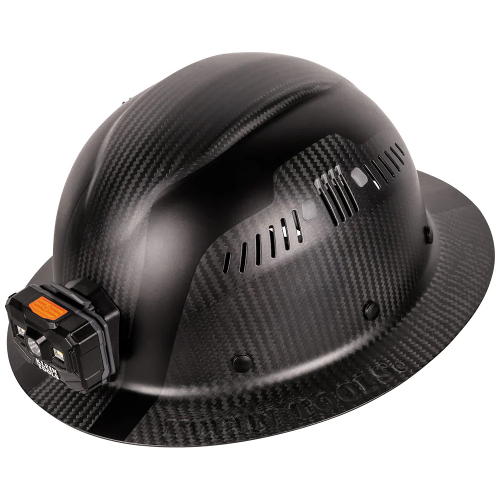Klein Tools TITAN Carbon Fiber Vented Full Brim Hard Hat, Class C with Headlamp, Model 60512