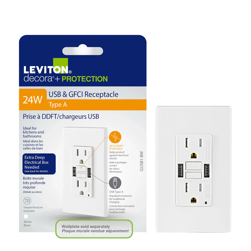 Leviton 15A GFCI Combination Receptacle with Type A USB Charger in White, Model GUSB1-W - Image 2