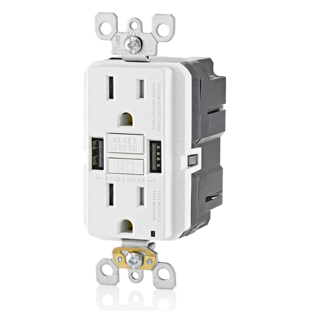 Leviton 15A GFCI Combination Receptacle with Type A USB Charger in White, Model GUSB1-W - Image 3