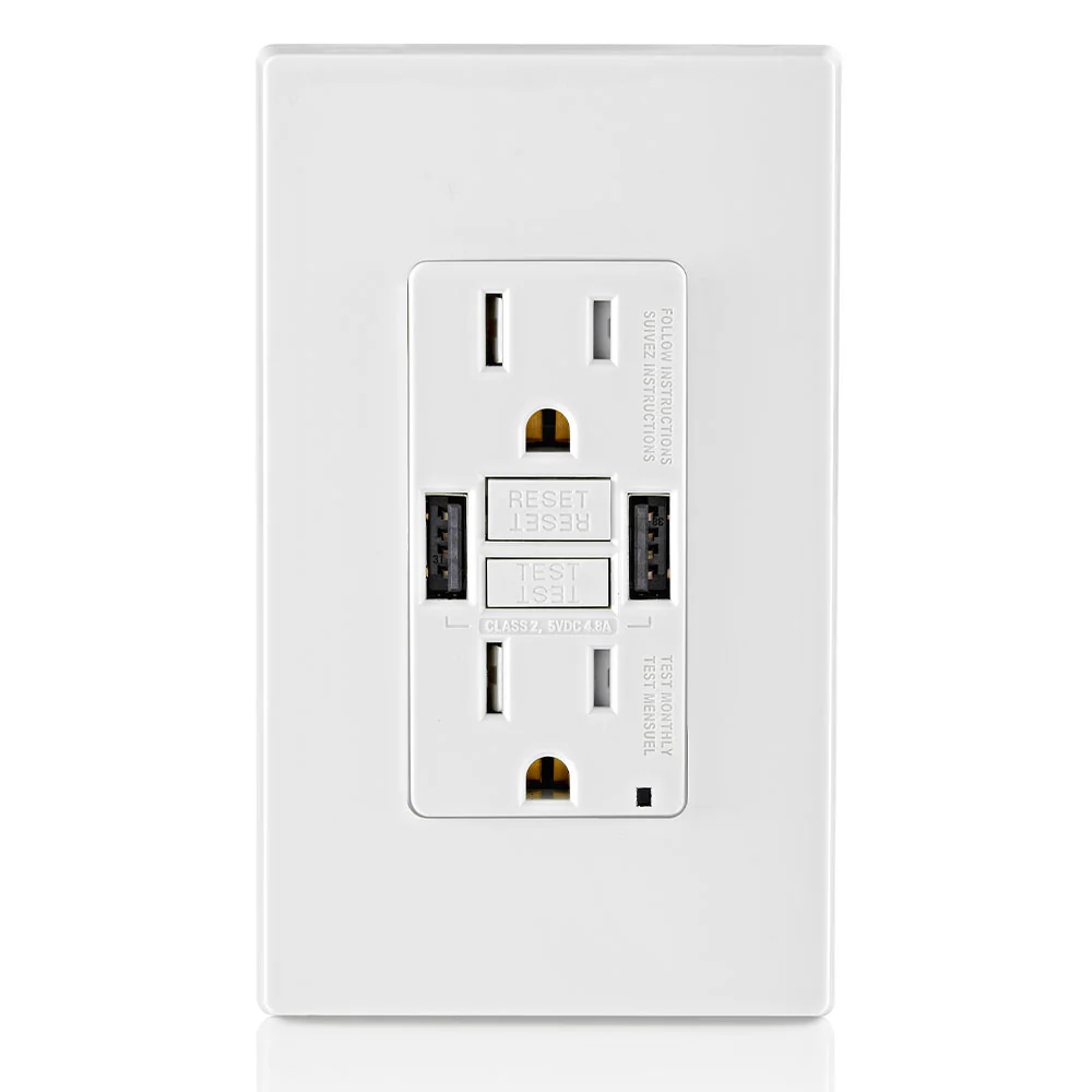 Leviton 15A GFCI Combination Receptacle with Type A USB Charger in White, Model GUSB1-W - Image 4
