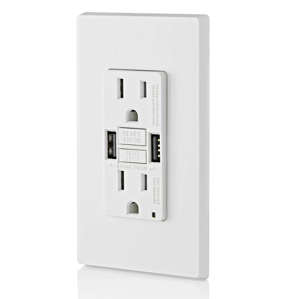 Leviton 15A GFCI Combination Receptacle with Type A USB Charger in White, Model GUSB1-W - Image 5