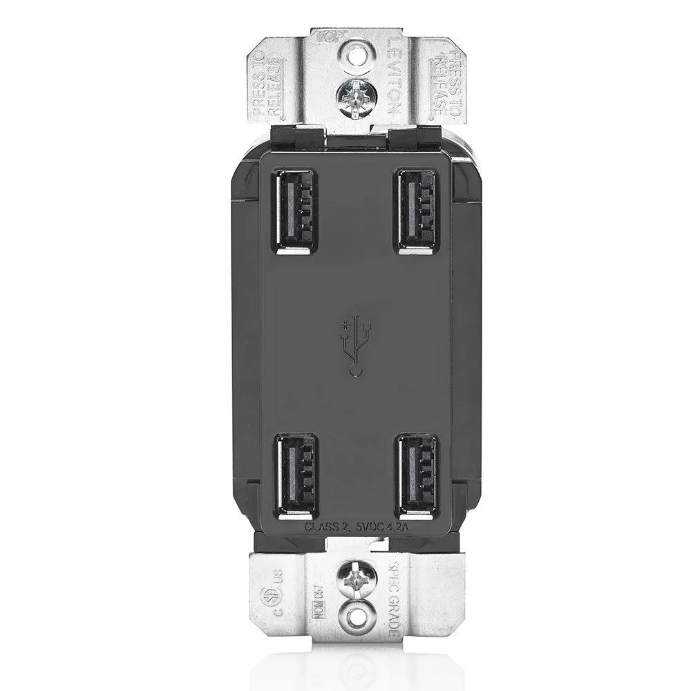 Leviton 4-Port Type-A USB Wall Outlet Charger (Black), Model USB4P-E