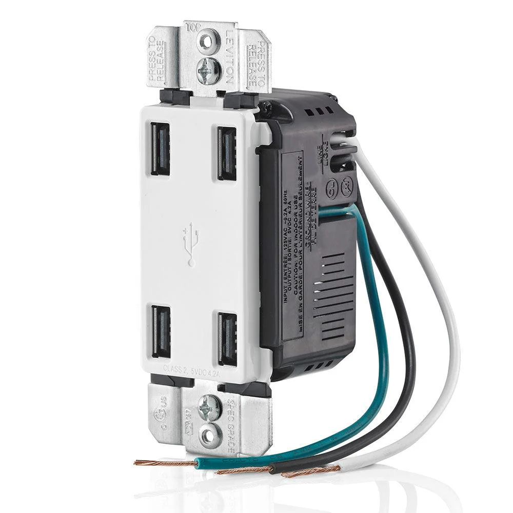 Leviton 4-Port Type-A USB Wall Outlet Charger (White), Model USB4P-W - Image 2