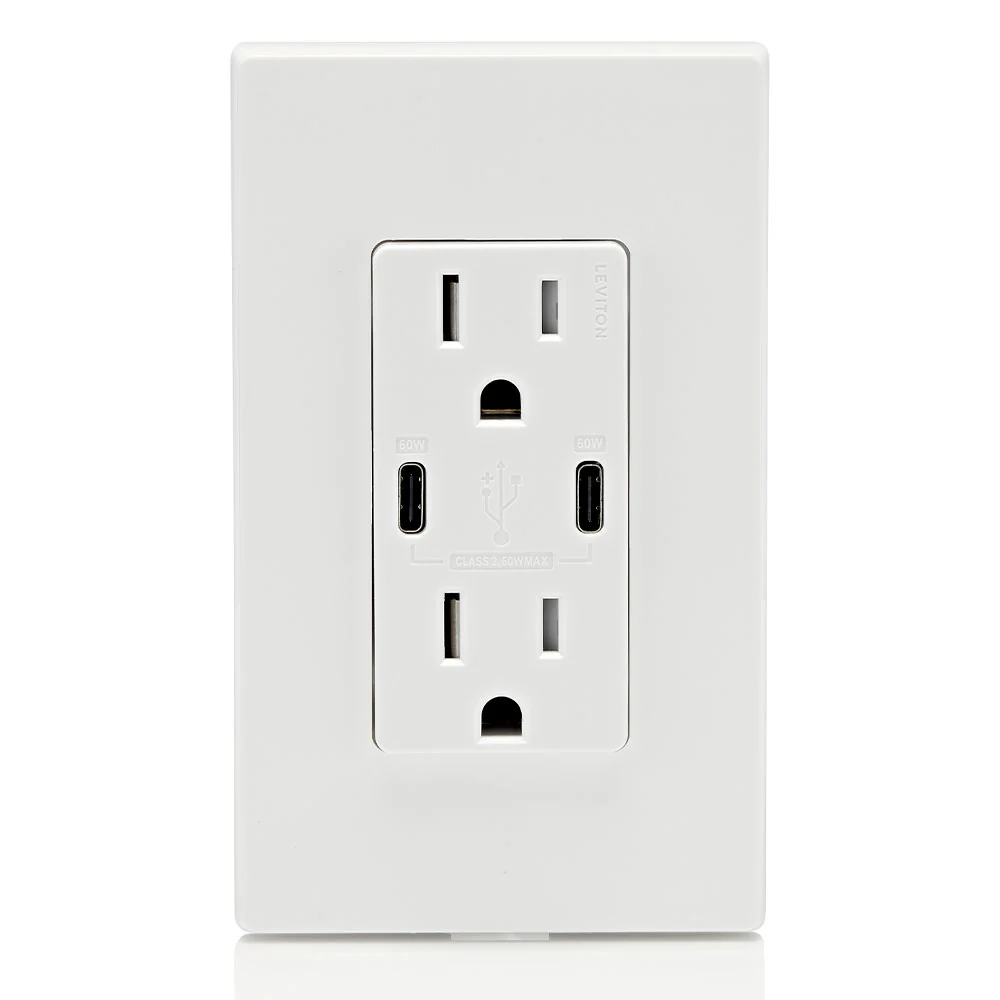 Leviton Dual USB Type C/C Wall Outlet Charger with 15A Tamper-Resistant Outlet in White, Model T5636-W* - Image 3