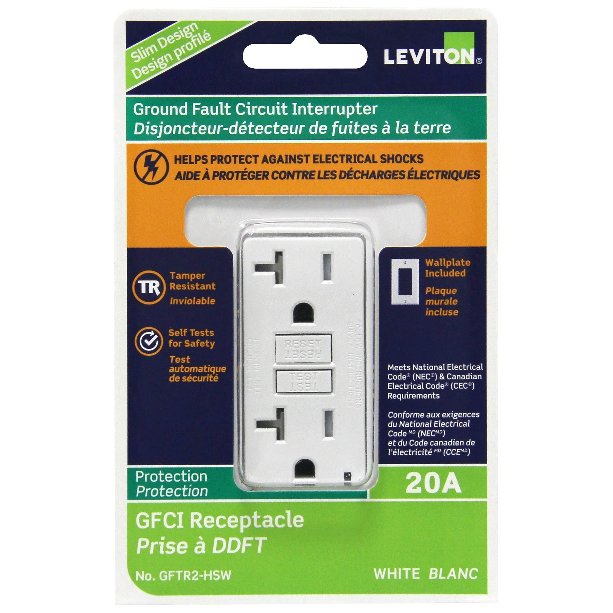 Leviton GFCI 20 amp Receptacle, Slim Design Ground Fault Circuit Interrupter, Model GFTR2772 - Image 2