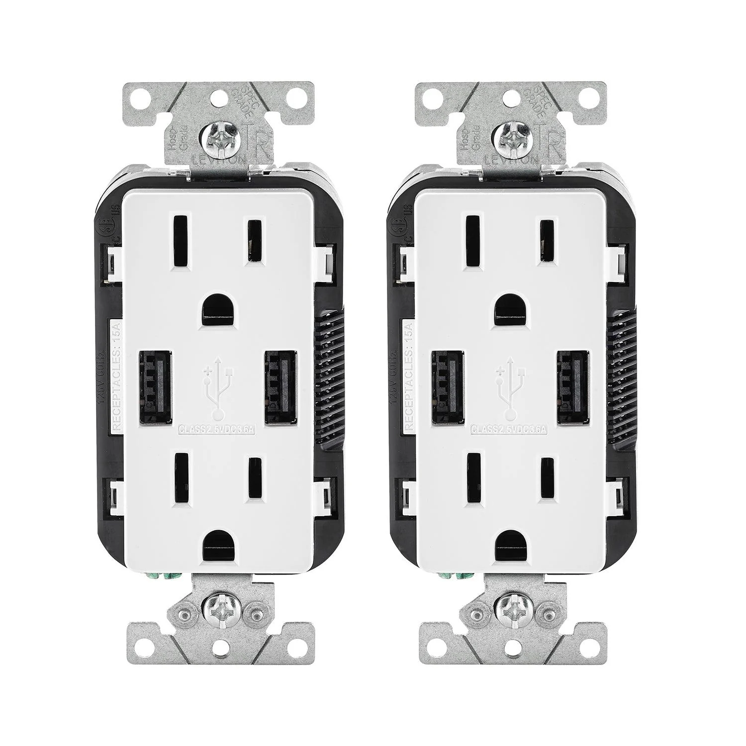 Leviton Package of 2 Dual USB Type A Charger with 15A Tamper-Resistant Receptacle, Model T5632-754
