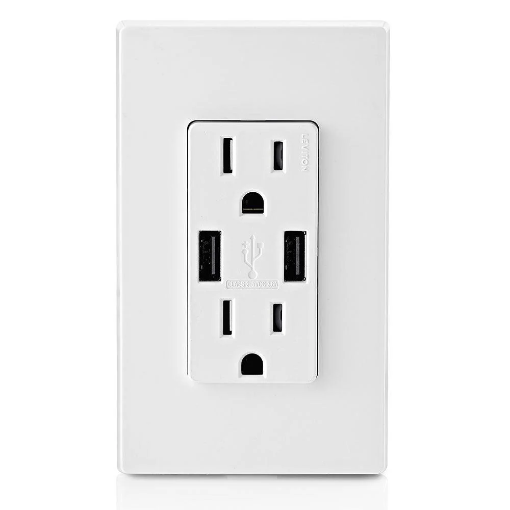 Leviton Package of 2 Dual USB Type A Charger with 15A Tamper-Resistant Receptacle, Model T5632-754 - Image 3