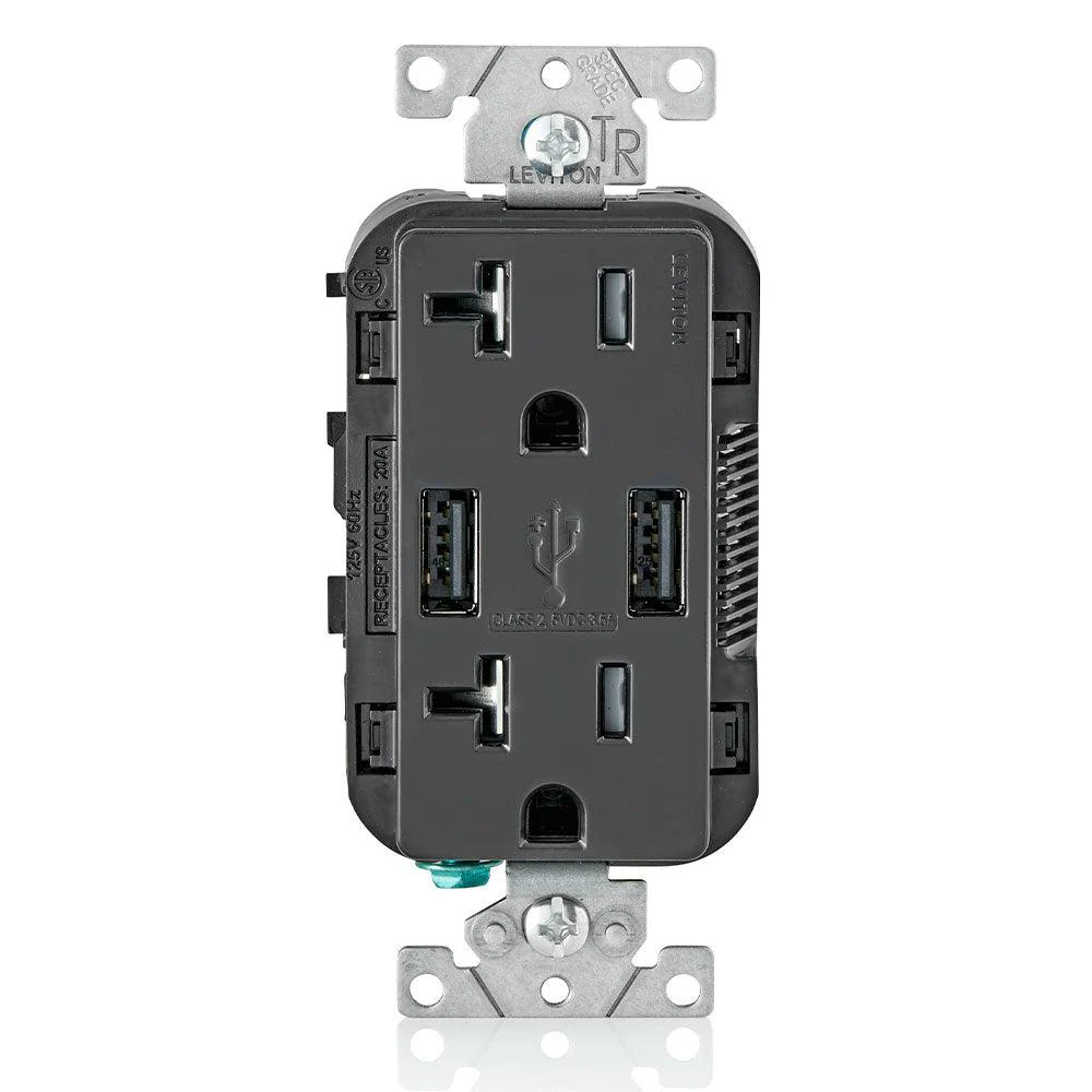 Leviton Type-A Dual USB Charger with 20A Tamper-Resistant Receptacle (Black) Model T5832