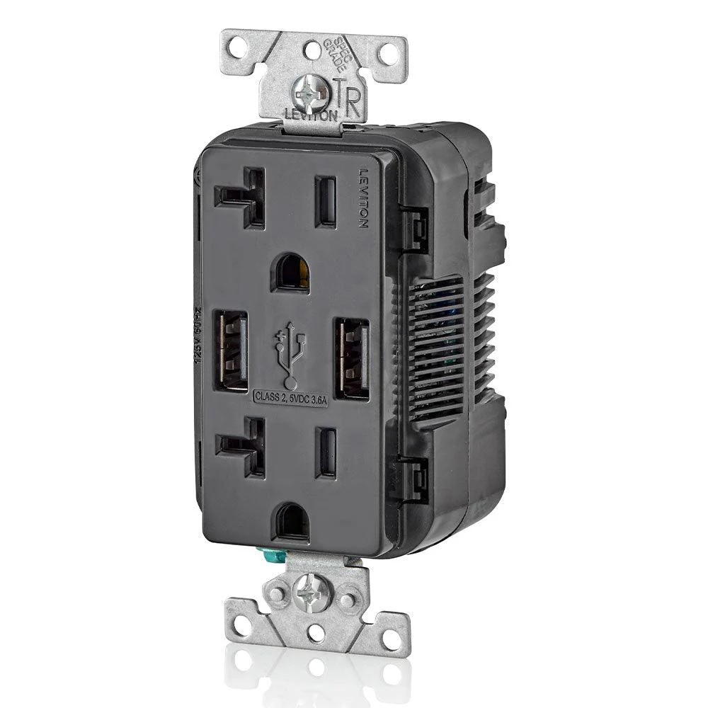 Leviton Type-A Dual USB Charger with 20A Tamper-Resistant Receptacle (Black) Model T5832 - Image 2