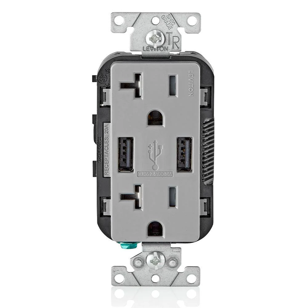 Leviton Type-A Dual USB Charger with 20A Tamper-Resistant Receptacle (Grey) Model T5832