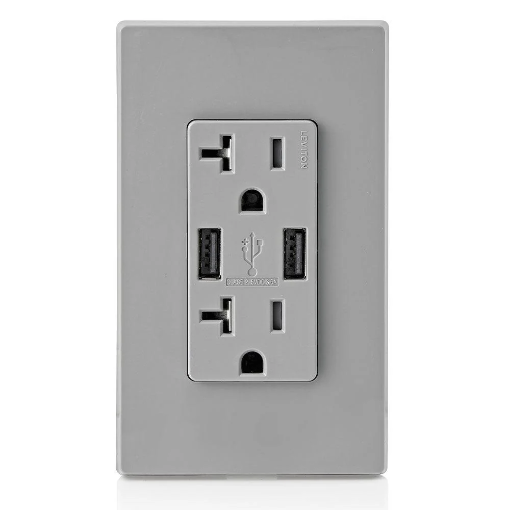 Leviton Type-A Dual USB Charger with 20A Tamper-Resistant Receptacle (Grey) Model T5832 - Image 4