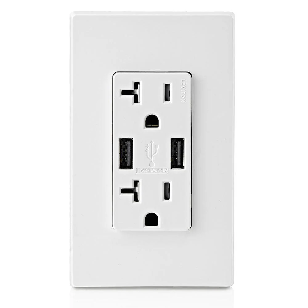 Leviton Type-A Dual USB Charger with 20A Tamper-Resistant Receptacle (White) Model T5832 - Image 3