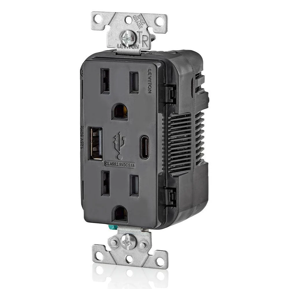 Leviton Type-A & Type-C USB Charger with 15A Tamper-Resistant Receptacle (Black) Model T5633 - Image 2