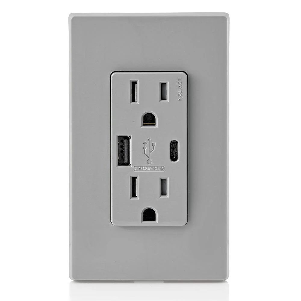Leviton Type-A & Type-C USB Charger with 15A Tamper-Resistant Receptacle (Grey) Model T5633 - Image 3
