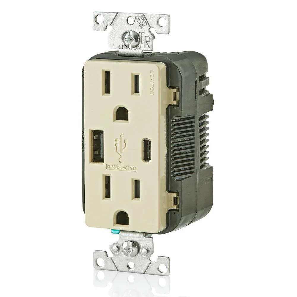 Leviton Type-A & Type-C USB Charger with 15A Tamper-Resistant Receptacle (Ivory) Model T5633* - Image 2