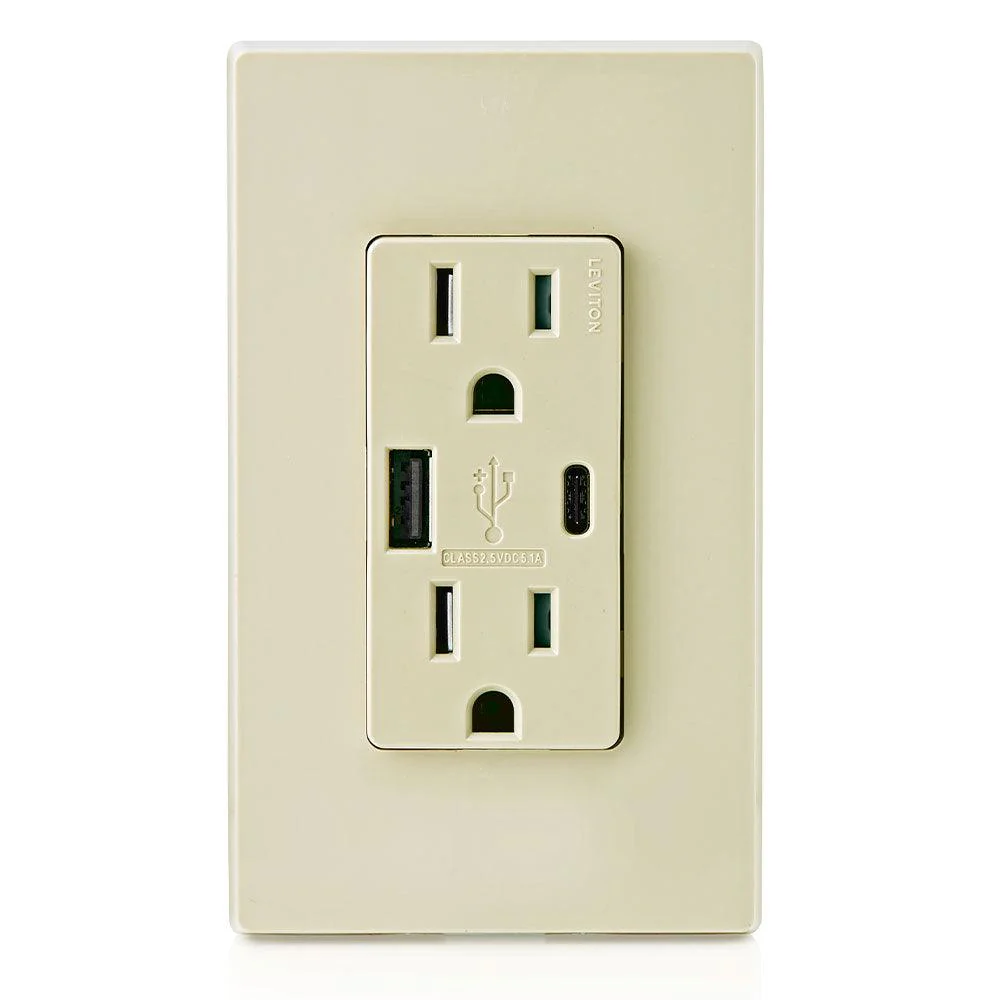 Leviton Type-A & Type-C USB Charger with 15A Tamper-Resistant Receptacle (Ivory) Model T5633* - Image 3