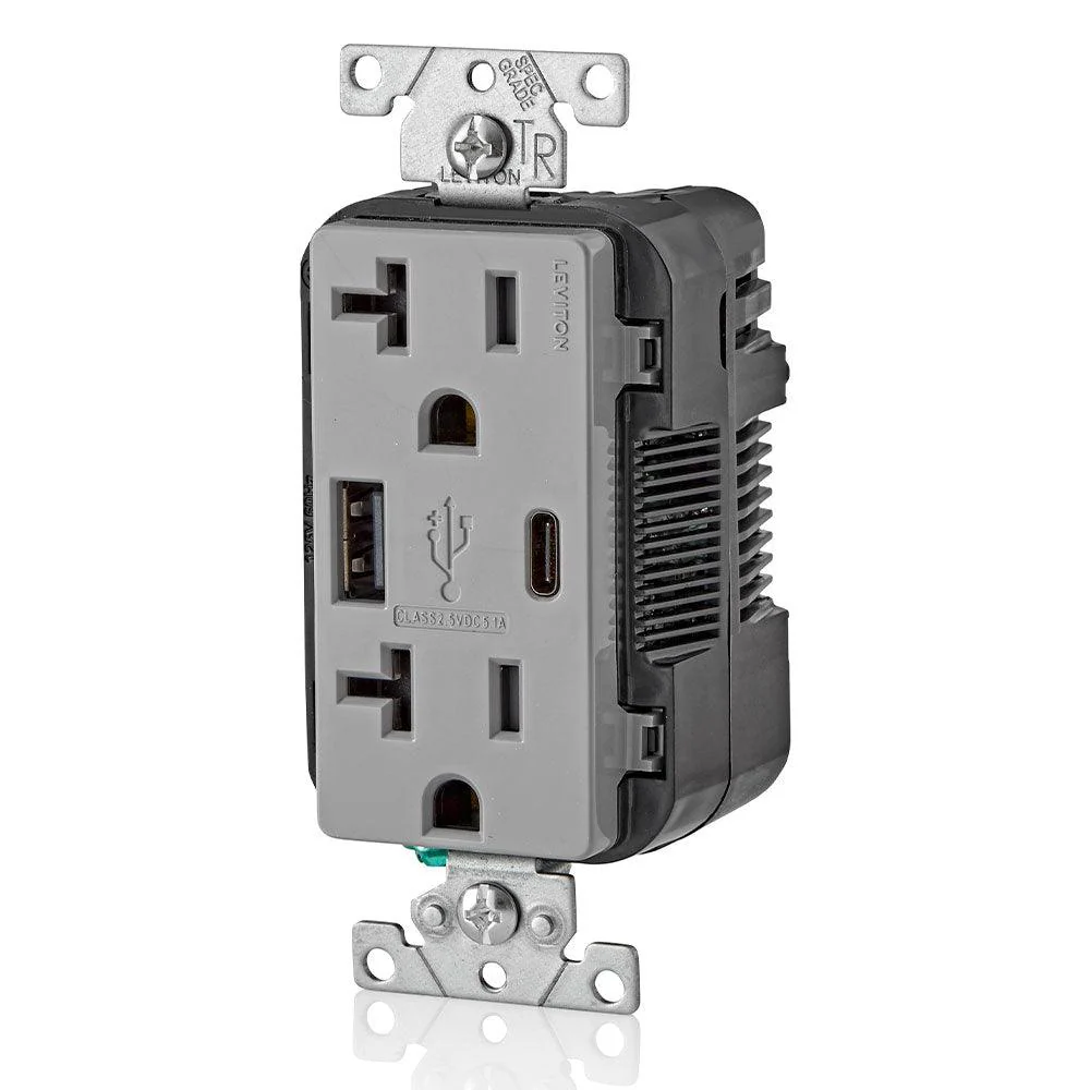 Leviton Type-A & Type-C USB Charger with 20A Tamper-Resistant Receptacle (Grey) Model T5833 - Image 2